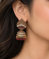 Antique Leaf Top Dome Jhumke | Crystal-Studded Dome