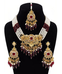 Bridal Pearl Choker Set | Maroon Stone Necklace & Maang Tikka