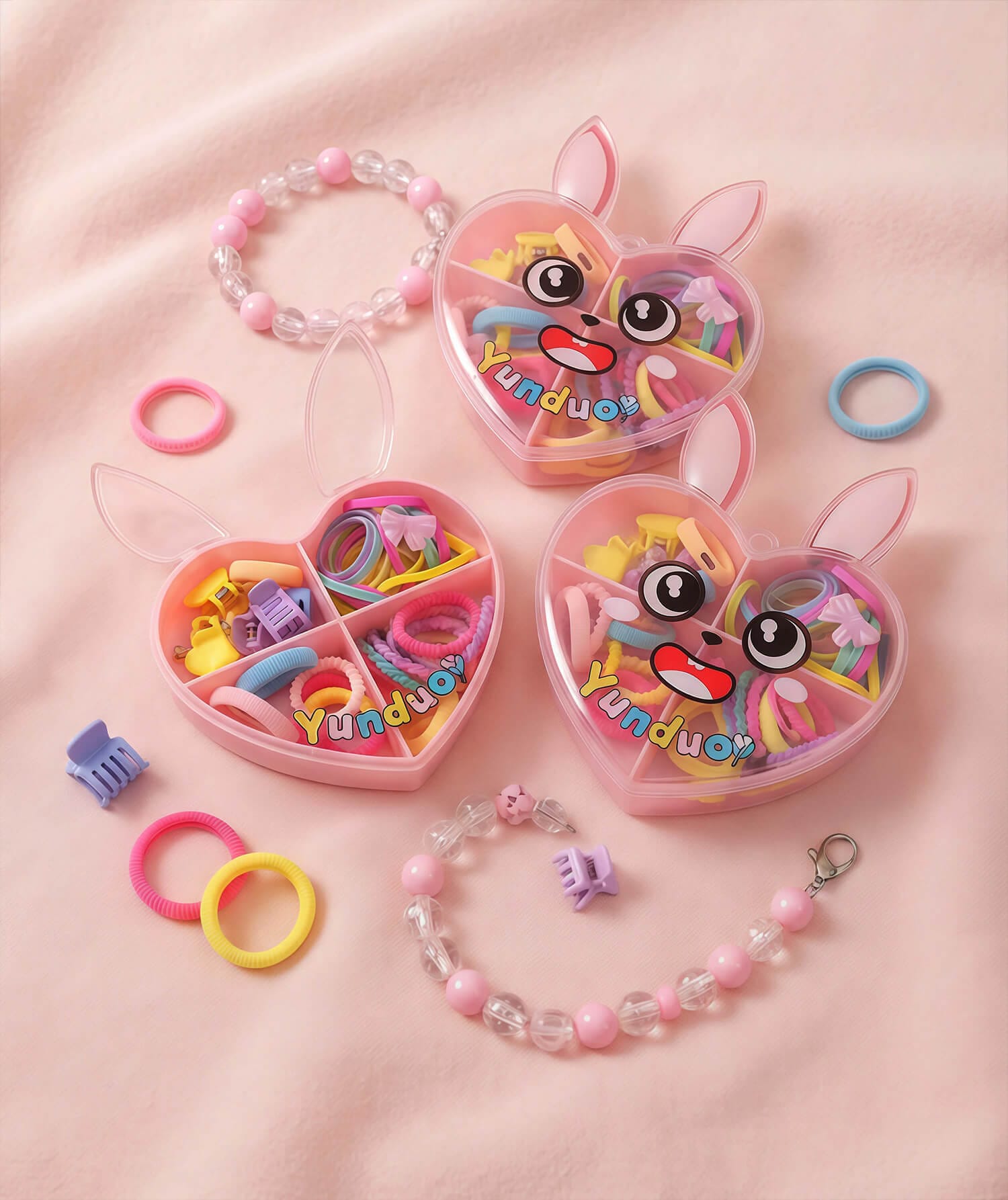 Bunny Heart Case Hair Accessory Set for Kids | Clips, Ties & Bands