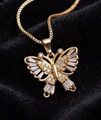 Butterfly Pendant Chain | Gold-Tone Baguette Stone Necklace