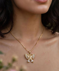 Butterfly Pendant Chain | Gold-Tone Baguette Stone Necklace