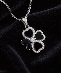Clover Zircon Pendant Chain | Black Silver Necklace for Women