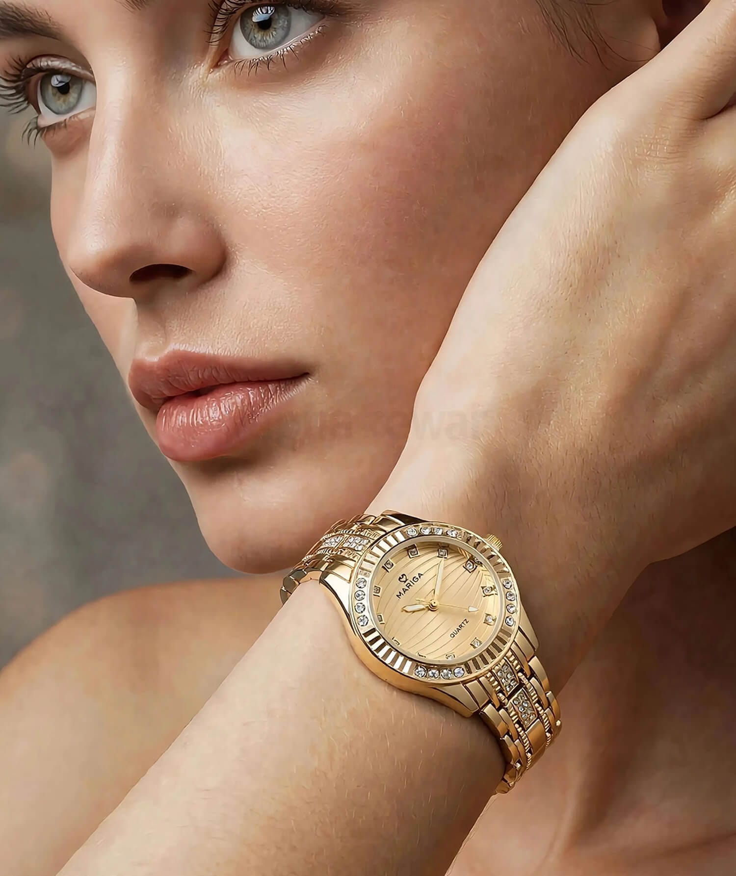 Crystal Bezel Gold Watch | Elegant Quartz Watch for Women