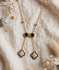 Double Clover Pendant Chain | Black Bow Gold Necklace for Women