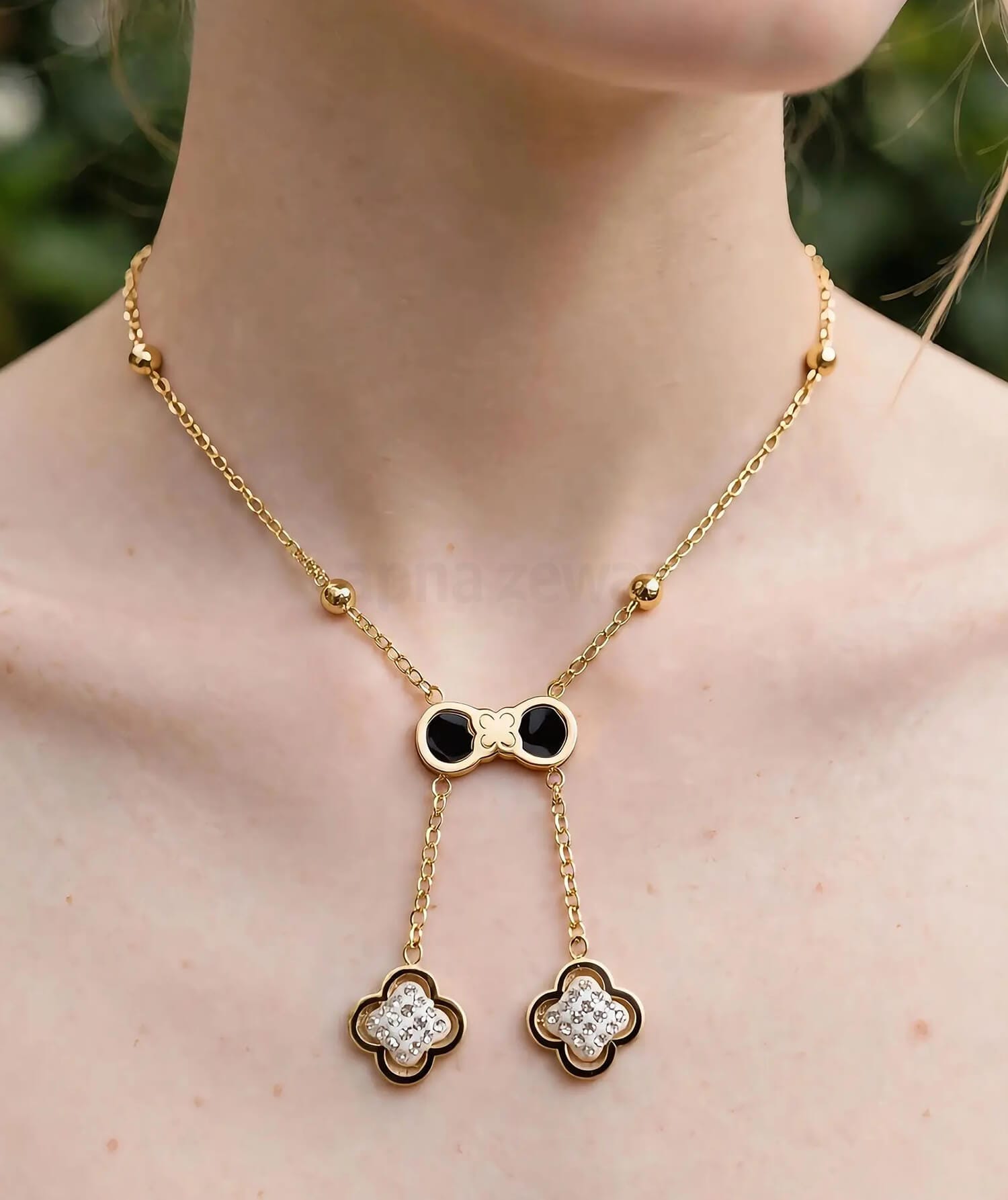 Double Clover Pendant Chain | Black Bow Gold Necklace for Women