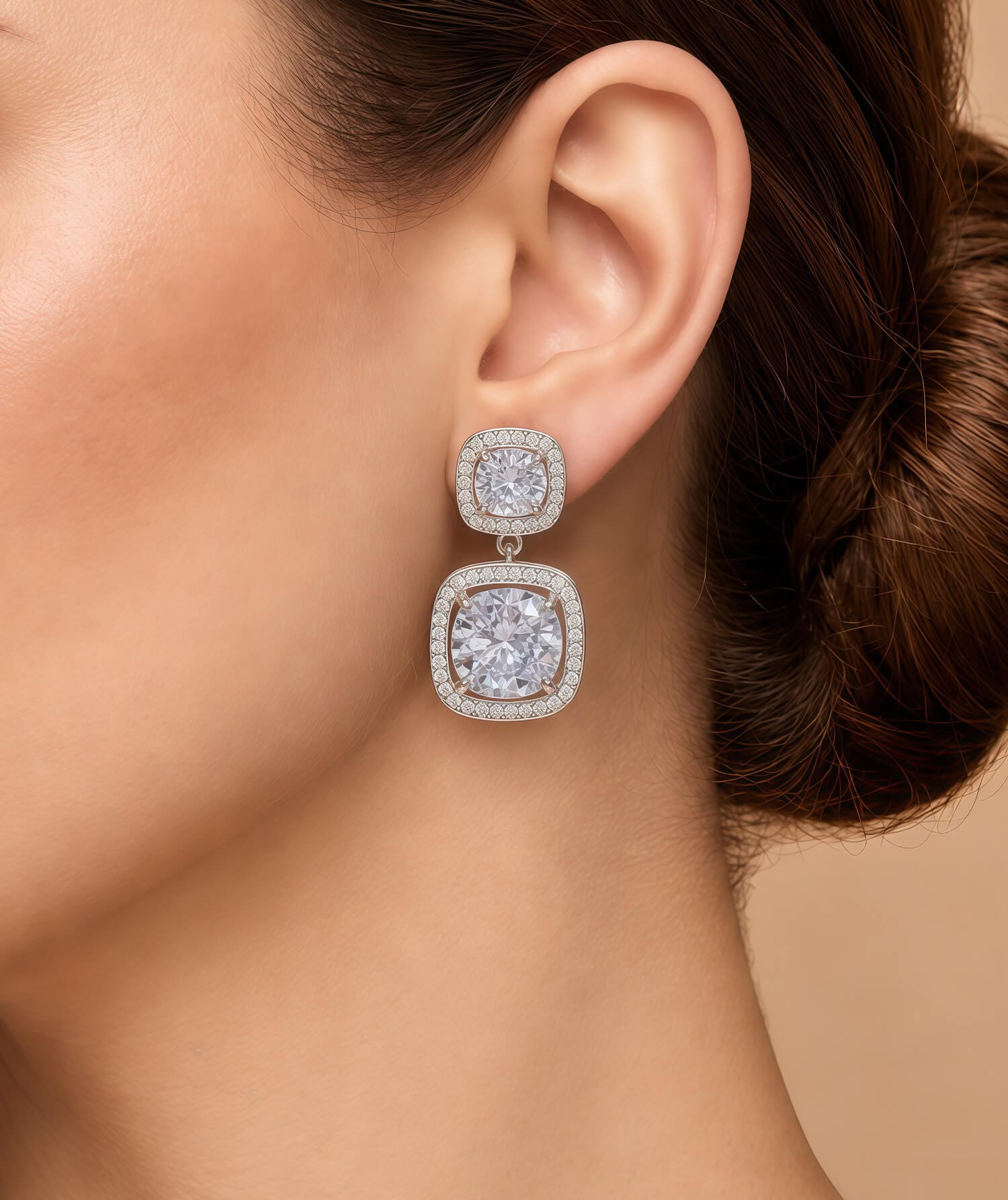 Double Cushion Halo Drop Earrings | Sparkling Stone Design