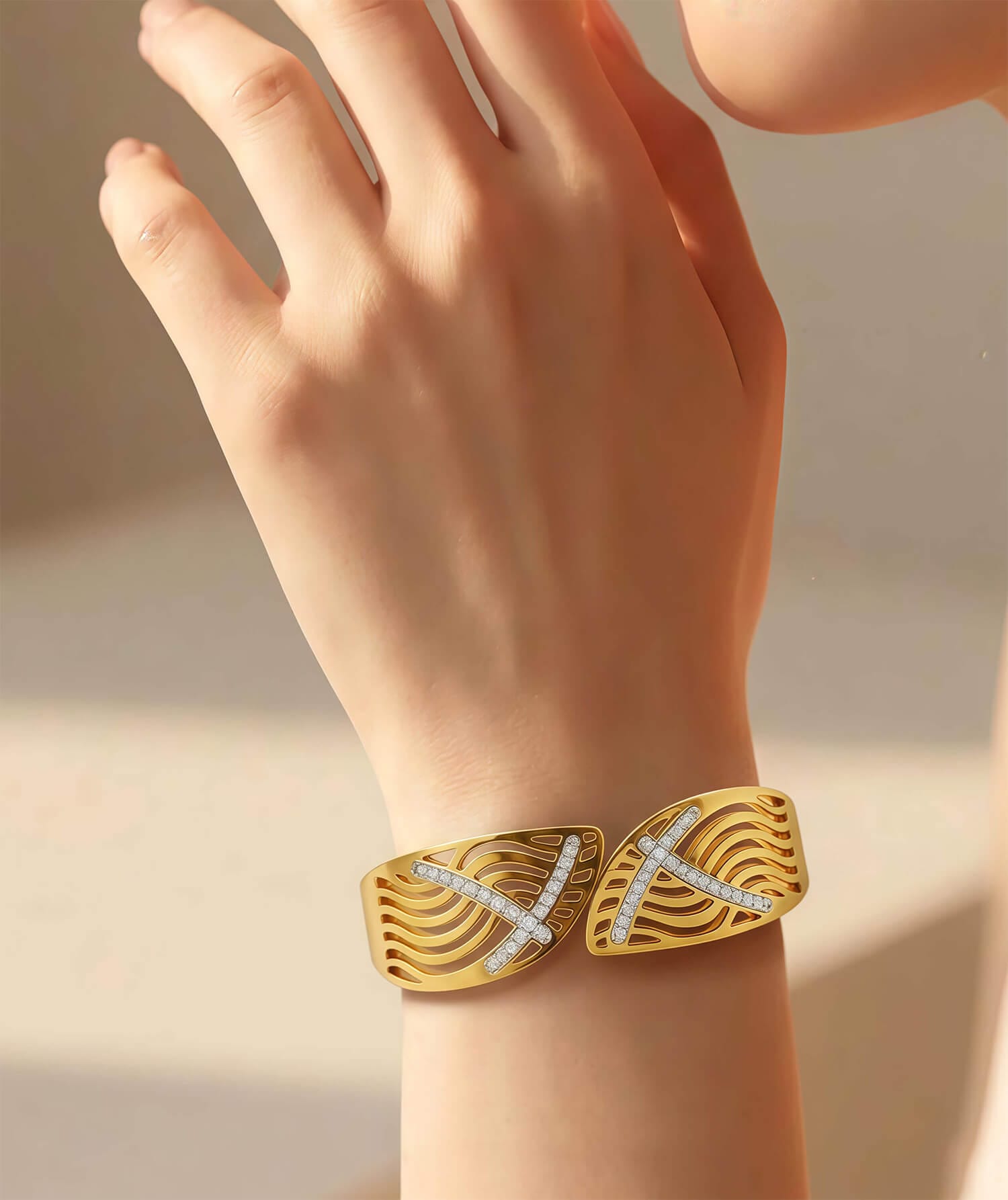 Gold-Plated Crystal Wave Cuff Bracelet | Laser-Cut Design