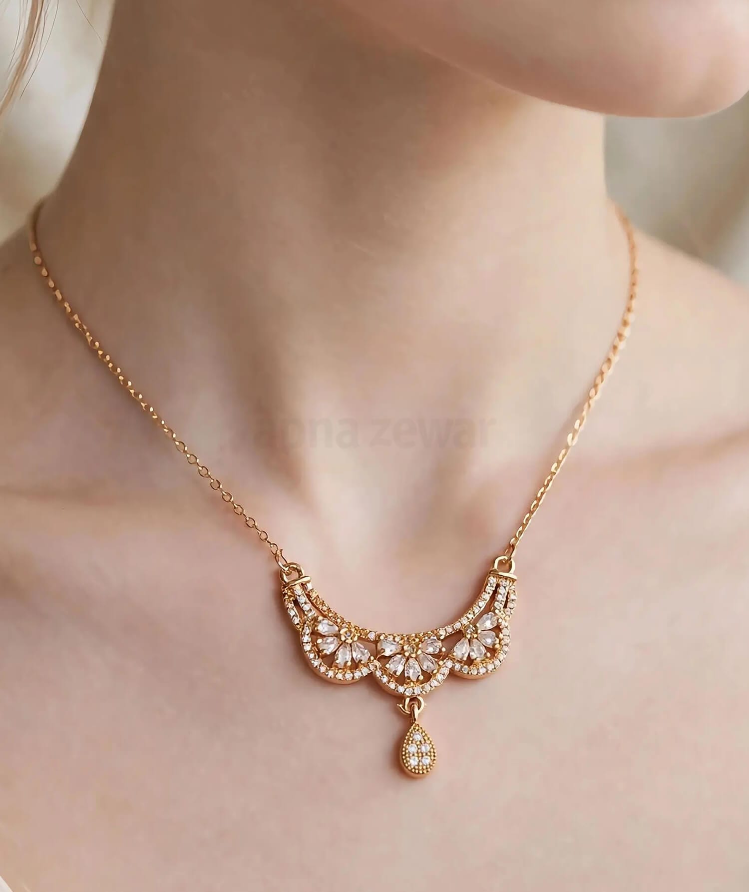 Floral Pendant Chain | Antique Gold Crescent Necklace