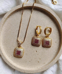 Gold-Plated Square Locket Set | Pendant Chain & Drop Earrings