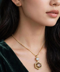 Hexagon Zircon Locket Set | Solitaire Pendant & Stud Earrings