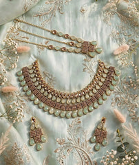 Mint Green Necklace Set | Earrings & Matha Patti