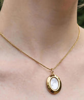 Oval Shell Pendant Chain | Gold Necklace with Pearly White Stone