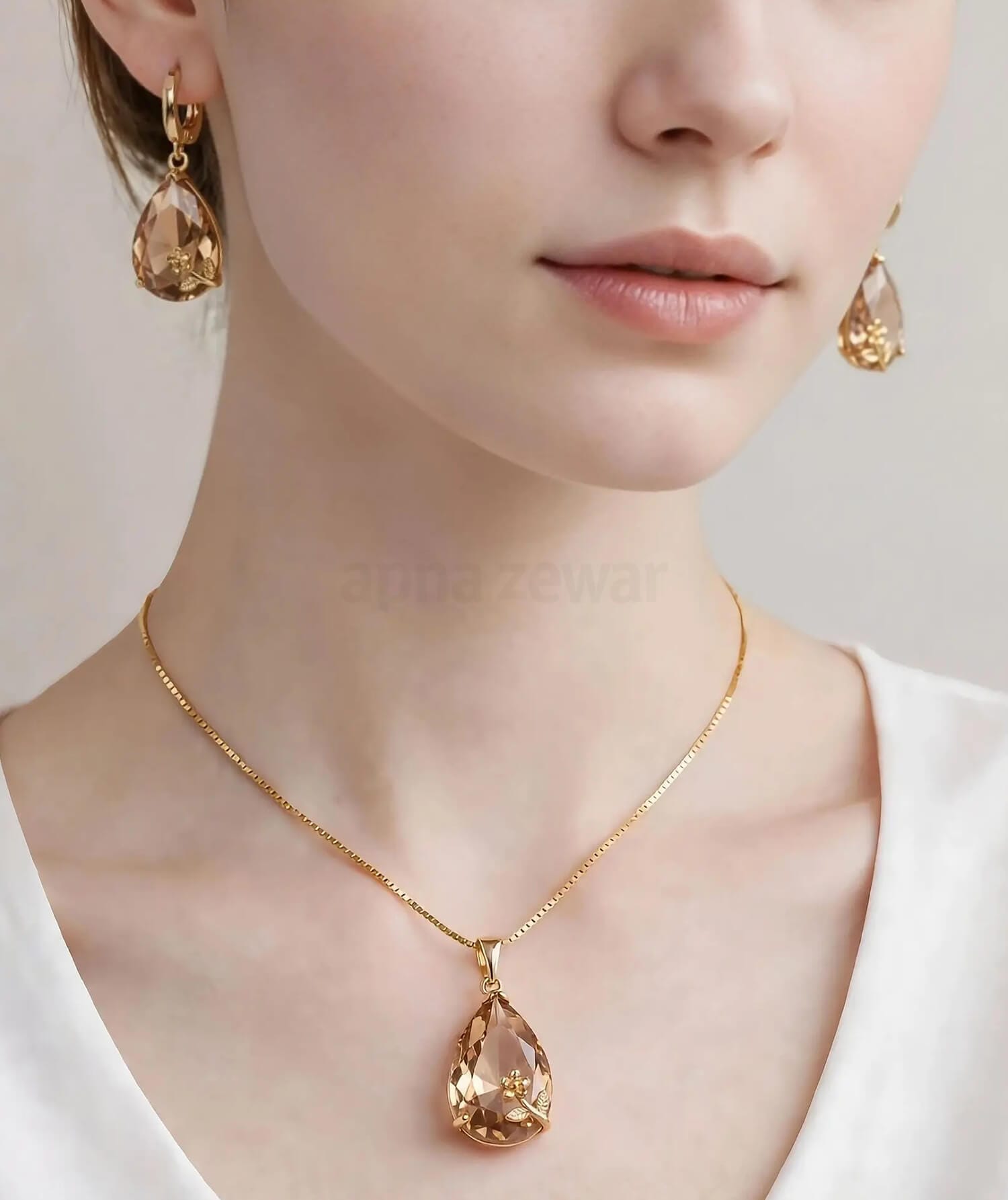 Pear Cut Floral Locket Set | Gold Chain & Drop Earrings