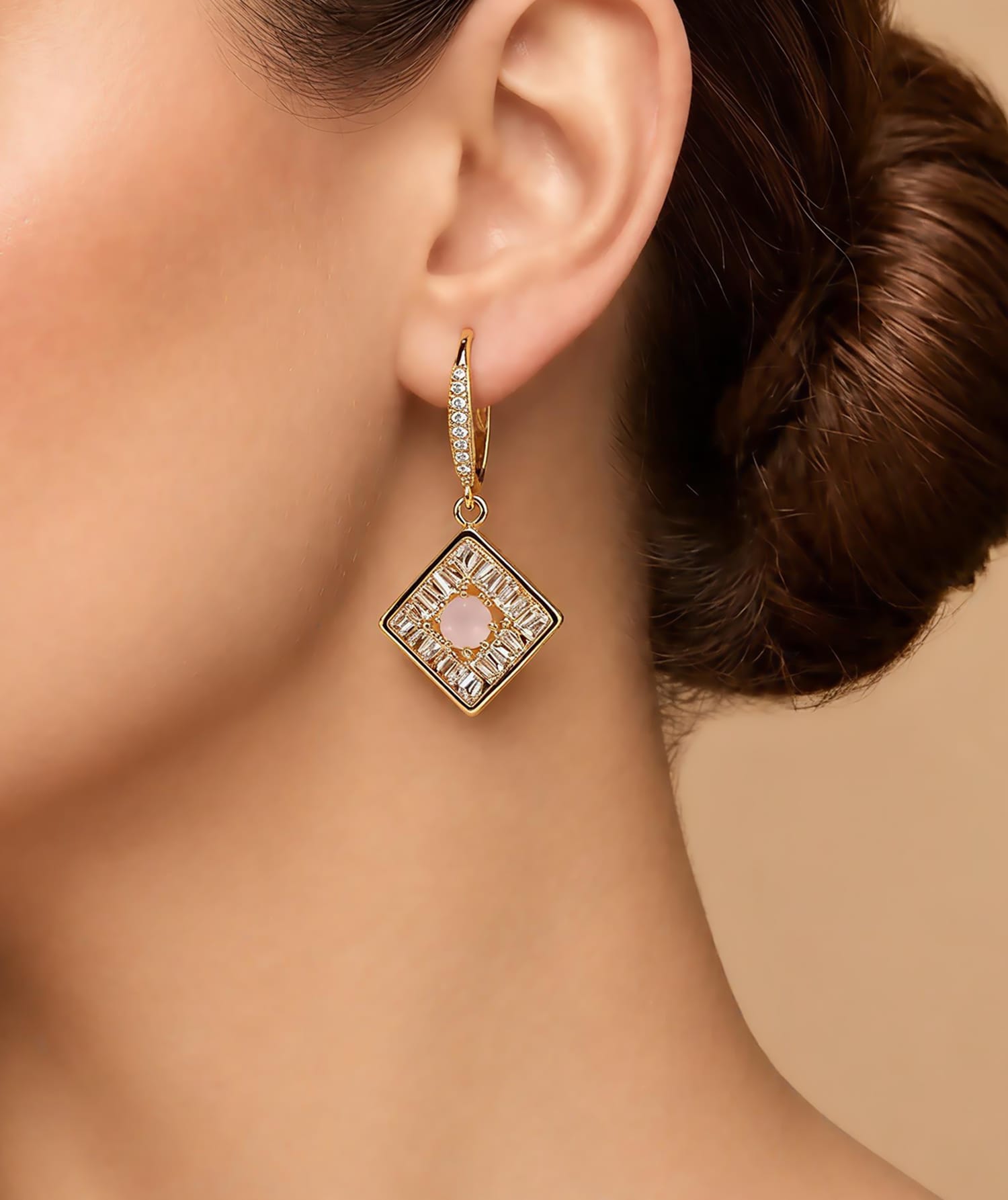 Pink Stone Square Dangle Earrings for Women