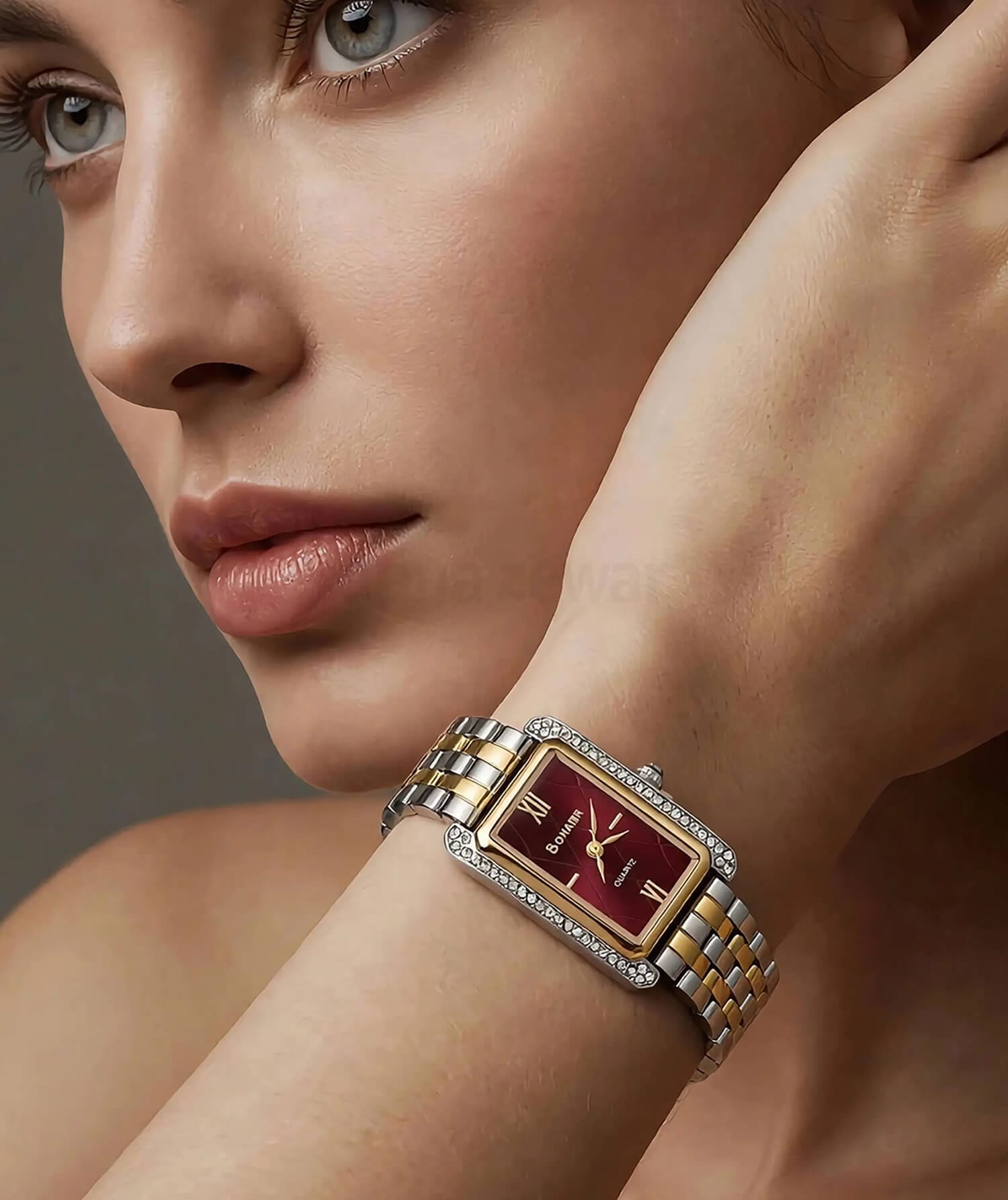 Red Dial Two-Tone Watch | Elegant Quartz Watch for Women