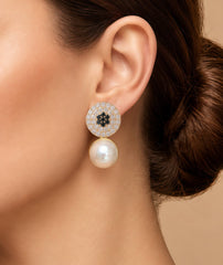 Round Pearl Drop Earrings | Pavé Crystal Disc