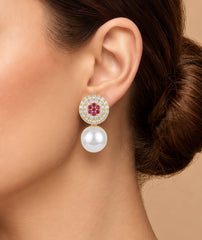 Round Pearl Drop Earrings | Pavé Crystal Disc