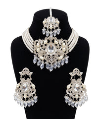 Silver Kundan Pearl Bridal Choker Set | Necklace, Earrings & Tikka