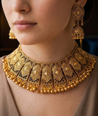 Traditional Gold Necklace Set | Geometric Jhumka Design