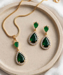 Zircon Teardrop Locket Set | Gold Chain & Drop Earrings