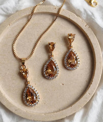 Zircon Teardrop Locket Set | Gold Chain & Drop Earrings