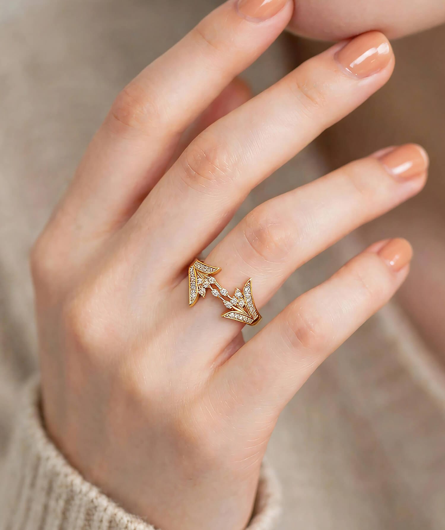Adjustable Zircon Arrow Ring | Gold Tone Elegant Jewelry