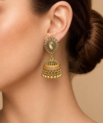 Antique Gold Ghungroo Drop Jhumki | Golden Bead Fringe