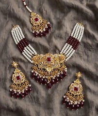 Bridal Pearl Choker Set | Maroon Stone Necklace & Maang Tikka