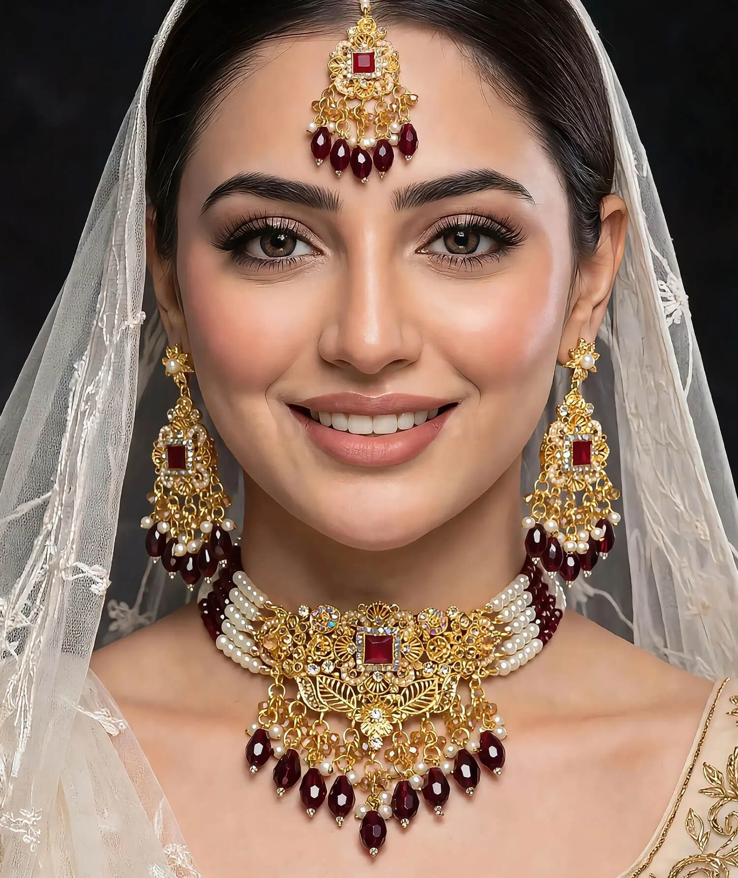 Bridal Pearl Choker Set | Maroon Stone Necklace & Maang Tikka