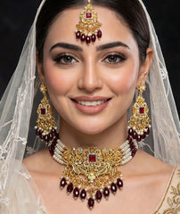 Bridal Pearl Choker Set | Maroon Stone Necklace & Maang Tikka