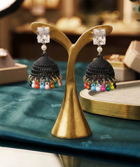 Contemporary Fusion Jhumka Earrings | Colorful Bead Fringe