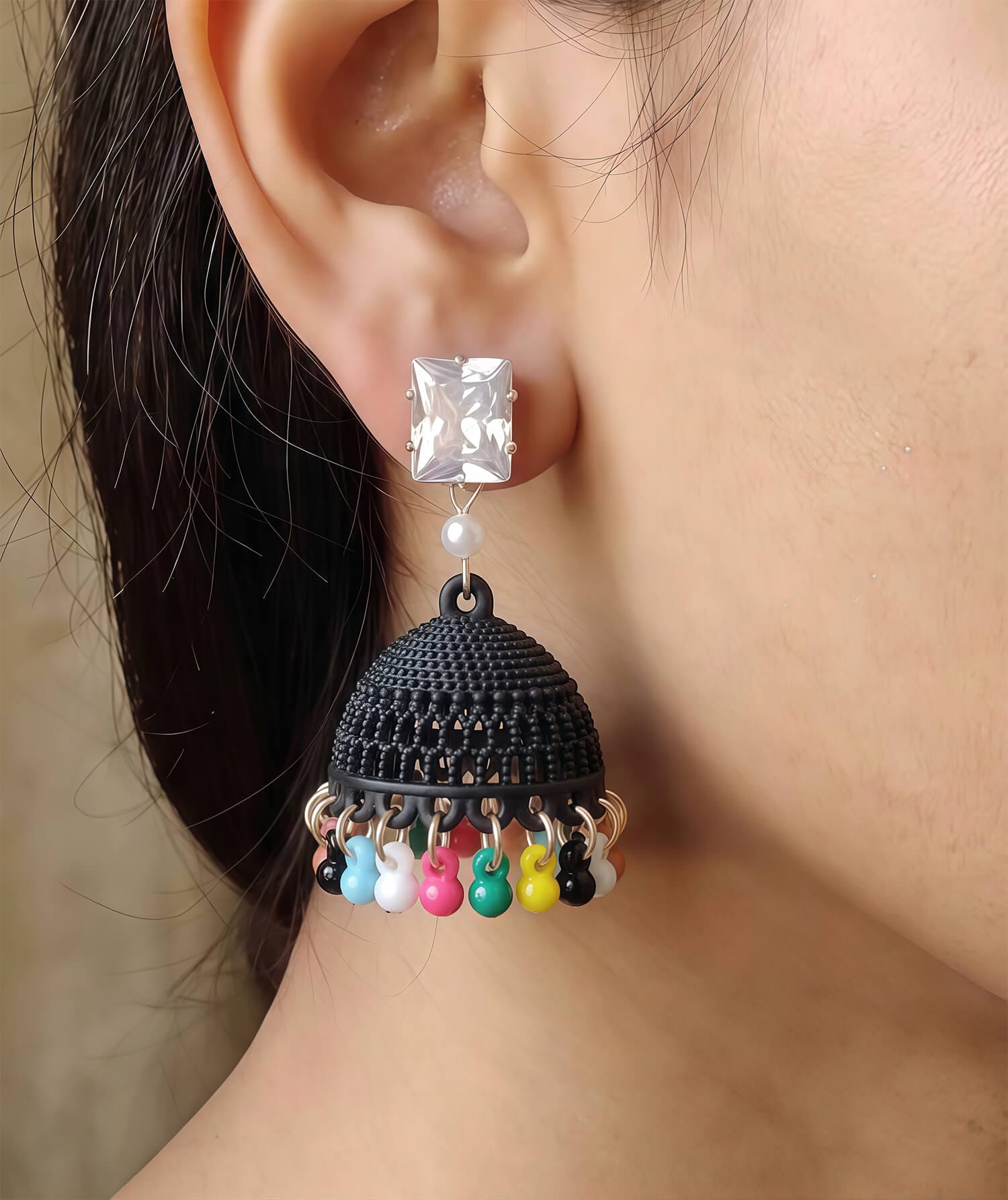 Contemporary Fusion Jhumka Earrings | Colorful Bead Fringe