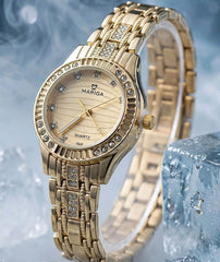 Crystal Bezel Gold Watch | Elegant Quartz Watch for Women