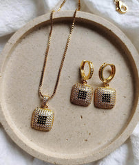 Gold-Plated Square Locket Set | Pendant Chain & Drop Earrings