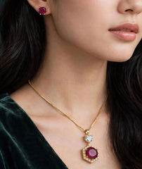 Hexagon Zircon Locket Set | Solitaire Pendant & Stud Earrings