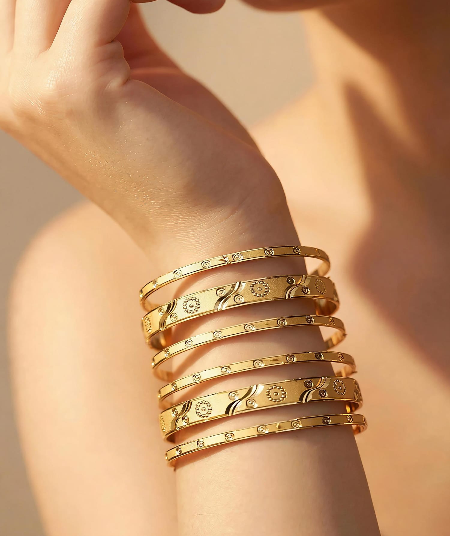 Indian Gold-Plated Kara Set of 6 with Diamond-Cut Design