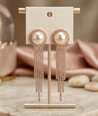 Long Crystal Fringe Pearl Earrings | Sparkling Crystal Halo