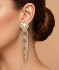 Long Crystal Fringe Pearl Earrings | Sparkling Crystal Halo