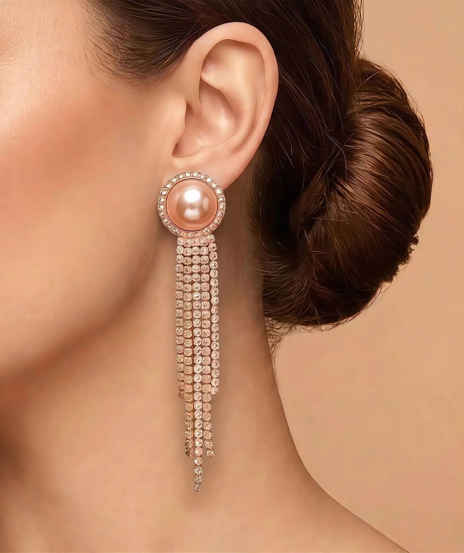 Long Crystal Fringe Pearl Earrings | Sparkling Crystal Halo
