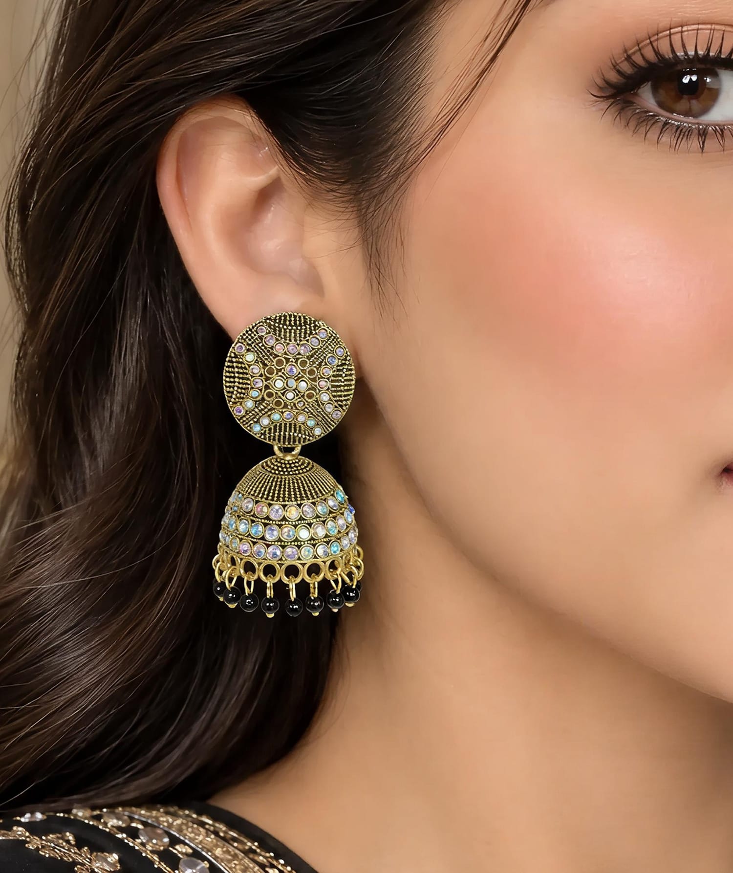 Meenakari Round Stud Jhumka Earrings | Multicolor Crystal Stones