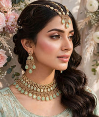 Mint Green Necklace Set | Earrings & Matha Patti