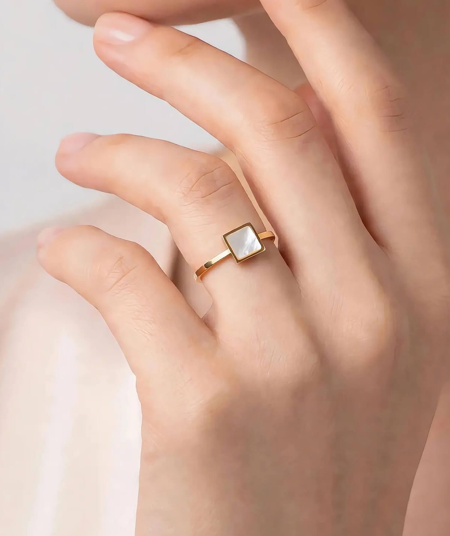 Mother Of Pearl Square Ring for Women | Gold Tone Style