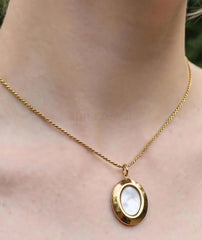 Oval Shell Pendant Chain | Gold Necklace with Pearly White Stone