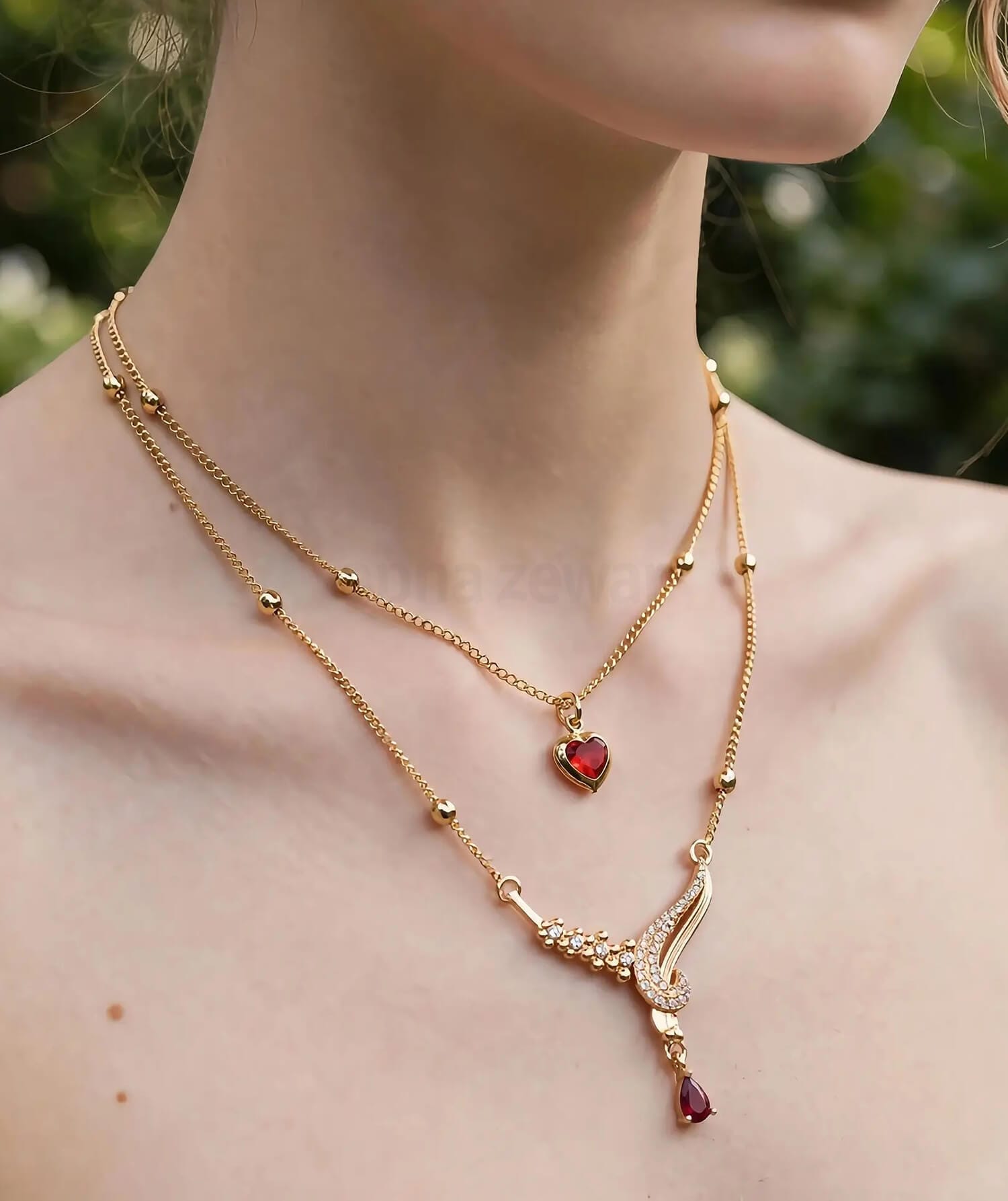 Red Heart Layered Pendant Chain | Gold-Tone Necklace