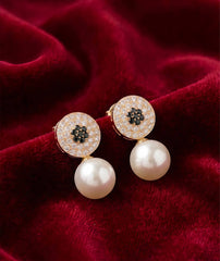 Round Pearl Drop Earrings | Pavé Crystal Disc