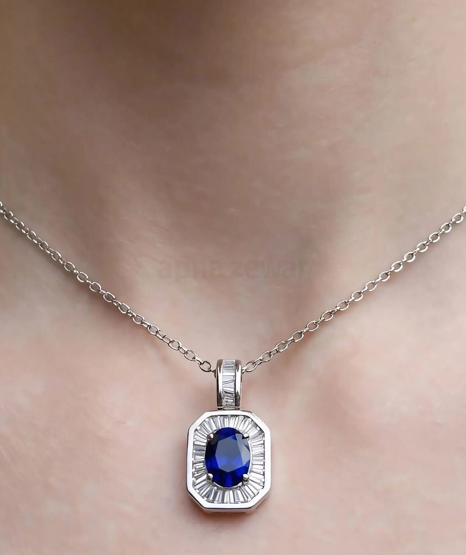 Royal Blue Zircon Pendant Chain | Silver Halo Necklace