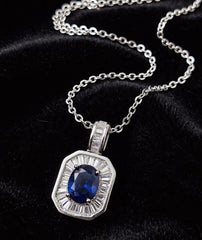 Royal Blue Zircon Pendant Chain | Silver Halo Necklace