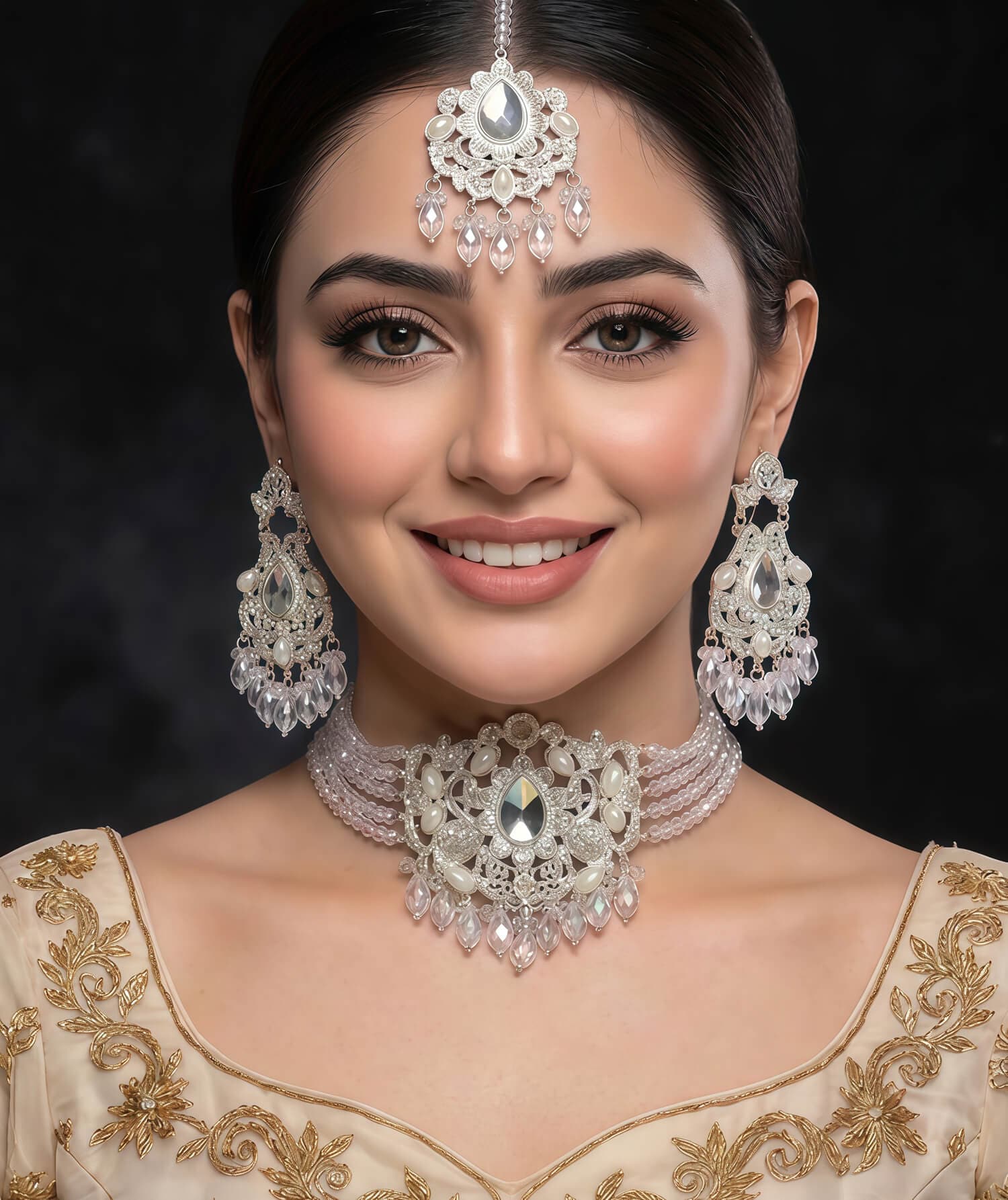 Silver Kundan Pearl Bridal Choker Set | Necklace, Earrings & Tikka