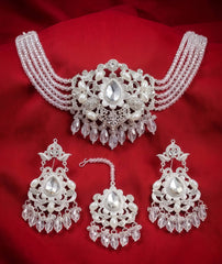 Silver Kundan Pearl Bridal Choker Set | Necklace, Earrings & Tikka
