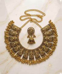 Traditional Gold Necklace Set | Geometric Jhumka Design